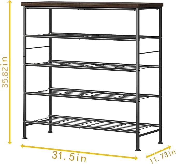 SUOERNUO Shoe Rack Organizer 5 Tier for Closet Entryway Free Standing Metal Storage Shoe Shelf with MDF Top Board，Black+Rustic Brown - Image 2