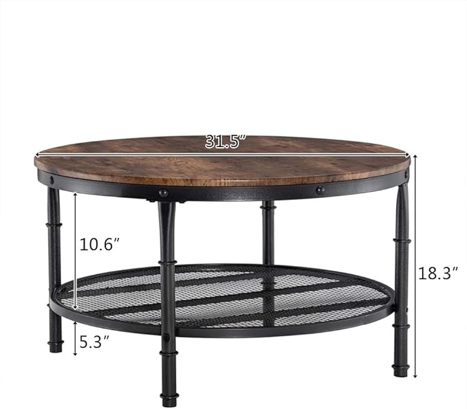 VINGLI Round Coffee Table with Storage - 31.5" Rustic Farmhouse Design, Industrial Style with Metal Shelf