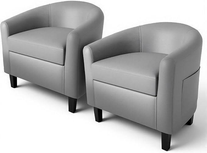 GarveeHome Accent Chairs Set of 2 Faux Leather Chairs Barrel Club Chairs Comfy Living Room Chairs with Sturdy Legs for Bedroom Reading Room Waiting Room(Gray)