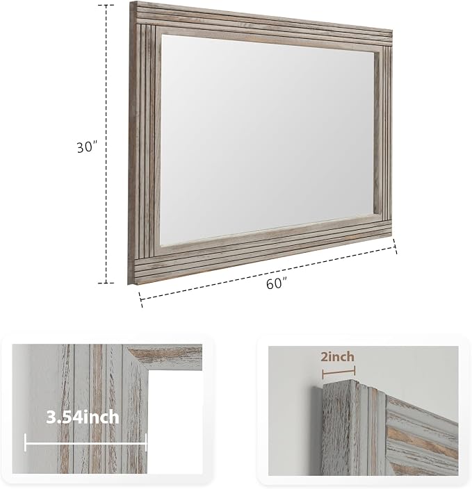 YOSHOOT Hand-Made Wooden Spliced Wall Mirror for Bathroom, Rustic Farmhouse Vanity Mirror, Décor Wall Art, Solid Wood Frame, Vertical or Horizontal Hanging, 60" x 30", Grey - Image 4