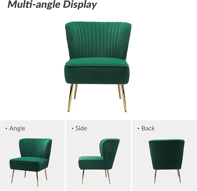 HULALA Home Velvet Accent Chair Set of 2, Modern Armless Upholstered Side Chair with Glam Gold Metal Legs for Vanity Living Room Bedroom - Green