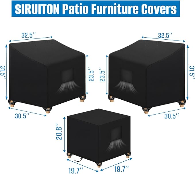 SIRUITON 3 Piece Outdoor Veranda Patio Garden Furniture Cover Set with 420D Durable and Water Resistant Fabric,Fit for Outdoor Wicker Patio Furniture Sets/Rattan Chair Conversation Sets-Balck - Image 3