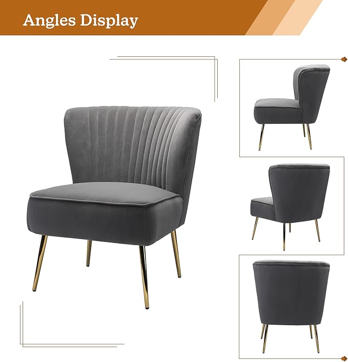HULALA HOME Velvet Accent Chair, Modern Upholstered Cute Side Chair with Gold Metal Legs, Armless Wingback Slipper Chair Comfy Living Room Chair for Bedroom Guest Room Vanity, Grey