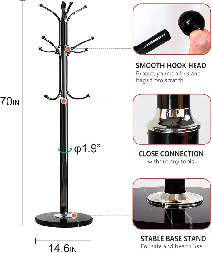 Kertnic Metal Coat Rack Stand with Natural Marble Base, Free Standing Hall Tree with 12 Hooks for Hanging Scarf, Bag, Jacket, Home Entry-way Hat Hanger Organizer (Black) - Image 3