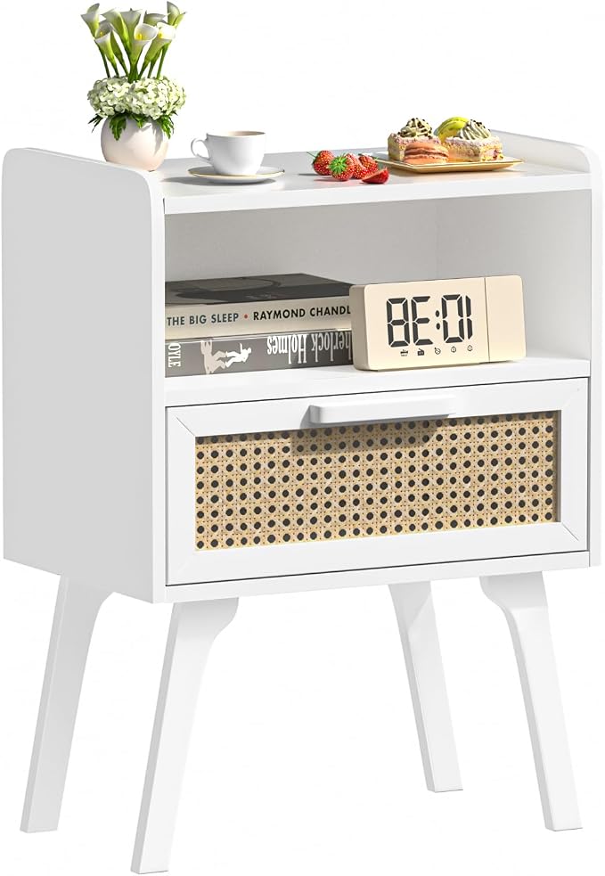 Lerliuo Rattan Nightstand, Bedside Table with Drawer Open Shelf, Cane Accent Side End Table with Solid Wood Legs, White Mid Century Night Stand for Bedroom, Dorm and Small Spaces by Lerliuo