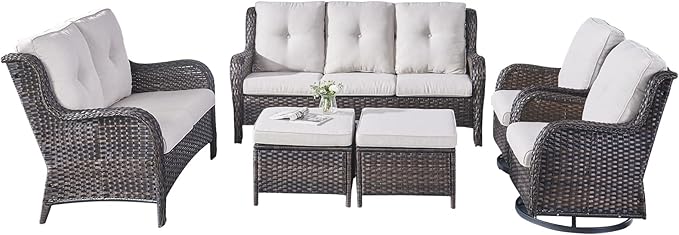Rilyson Wicker Patio Furniture Set - 6 Piece Rattan Outdoor Sectional Conversation Sets with 2 Rocking Swivel Chairs,2 Ottomans,1 Sofa and 1 Loveseat for Porch Deck Garden(Brown/Beige)