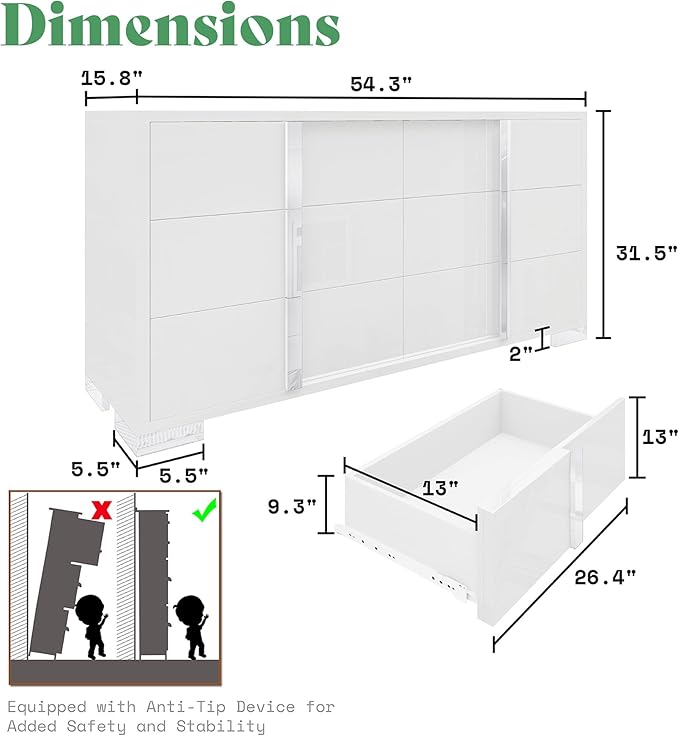 AMERLIFE 3 Piece Bedroom Set, Two 23.6" Nightstands & 6-Drawer Dresser, Silent Glide Drawers & Metal Handles, Modern High Gloss UV Finish, Dresser Set for Bedroom, White