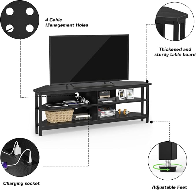 Unikito Corner TV Stand With Power Outlet, Corner Entertainment Center Corner TV Table With 4 Open Storage Corner TV Cabinet Wood TV Stand For Living Room,Bedroom Corner TV Stand For 55 inch TV, Black - Image 5