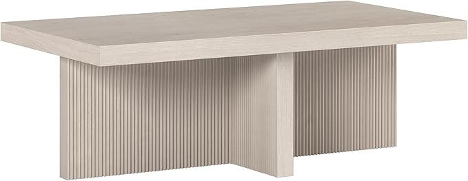Henn&Hart 44" Fluted Rectangular Wood Pedestal Low-Profile Coffee Table with Ribbed Pedestal Base for Living Room, Family Room or Office, Beech White