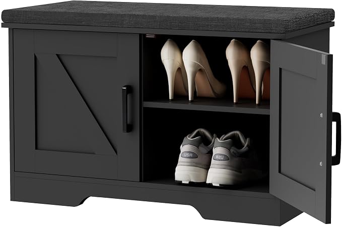 HOMSHO 2-Tier Storage Bench, 27.6" Wide Shoe Bench with Padded Seat Cushion, Entryway Bench with 2 Barn Doors and Adjustable Shelf, Black - Image 8
