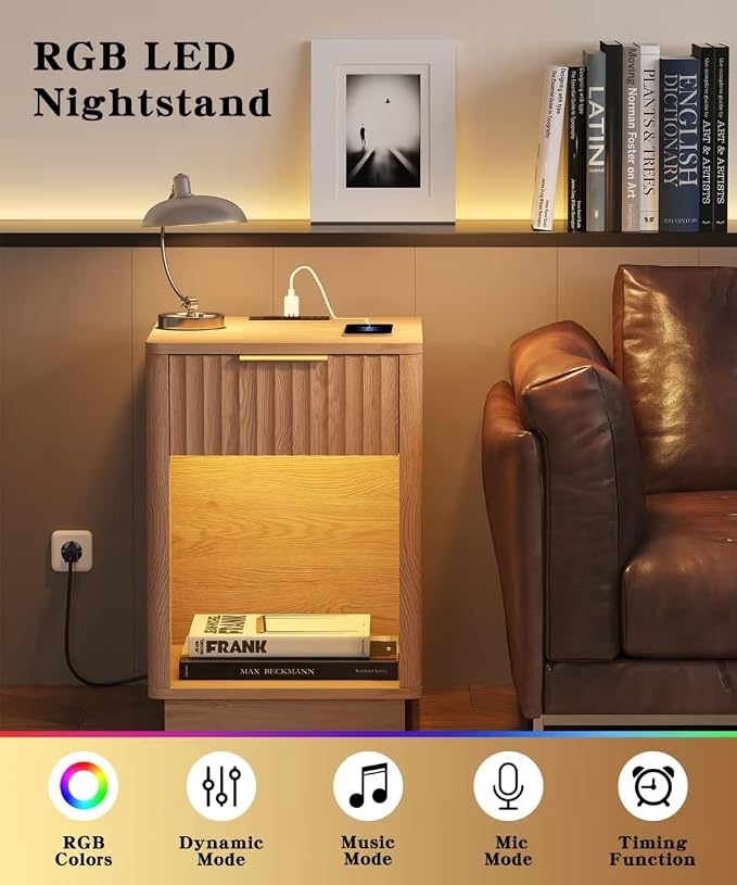 Akxomel Fluted Nightstands Set of 2, Wooden Night Stand with Charging Station and LED Light, Modern Mid Century Bed Side End Table with Drawer, 15" D x 15.7" W x 22.6" H, for Bedroom, Natural Oak - Image 5