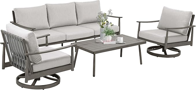 HAPPATIO Patio Outdoor Furniture Set - 4 Piece Aluminum Patio Conversation Set with 1 Coffee Table, 2 Swivel Chairs and 1 Three-Seater Sofa, Aluminum Outdoor Furniture Set for Backyard Poolside (Grey)