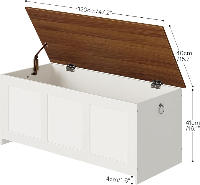 HOOBRO Storage Bench, 47.2" Retro Wooden Storage Chest, Wooden Storage Trunk, Toy Chest with Lift Top, Multifunctional Entryway Organizer, for Entryway, Living Room, White and Walnut WH412CW01 - Image 3