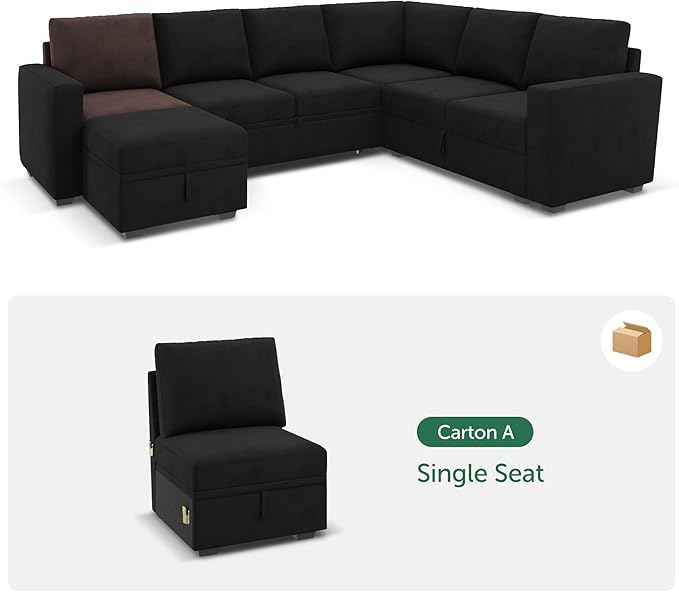 HONBAY Single Seat for Modular Sectional Sleeper Sofa with Pull Out Bed, Customizable Armless Chair for Sectional Couch, Velvet Black