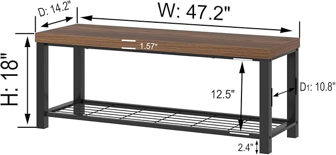 FOLUBAN Shoe Bench, Modern Wood and Metal Storage Bench for Entryway Hallway, Industrial Indoor Bedroom Bench Seat for Living Room, Mudroom, Rustic Walnut, 47 Inch - Image 2