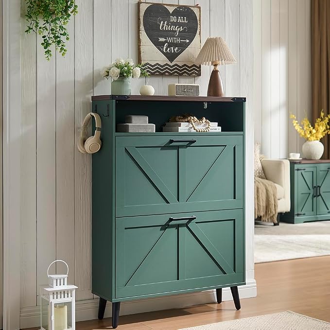 Barnyatoh Shoe Storage Cabinet,Farmhouse Shoe Organizer with 2 Flip Drawers & Barn Door Design,Freestanding Hidden Slim Narrow Shoe Rack Cabinet with Open Storage for Entryway, Foyer,Hallway,Green by Barnyatoh