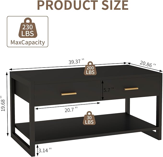 Coffee Table with Sensor Light - Modern Storage Coffee Table with Drawers and Shelf for Living Room, Office, Outdoor