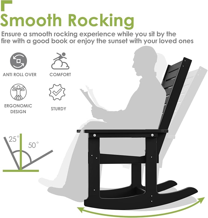 GREENVINES Outdoor Rocking Chair Set | 3-Piece | 2 Rocking Chairs with 1 Side Table | Porch Rocker | HDPE Plastic | Black | Patio Furniture Sets | High Back | Big & Tall | Ladder Back - Image 5
