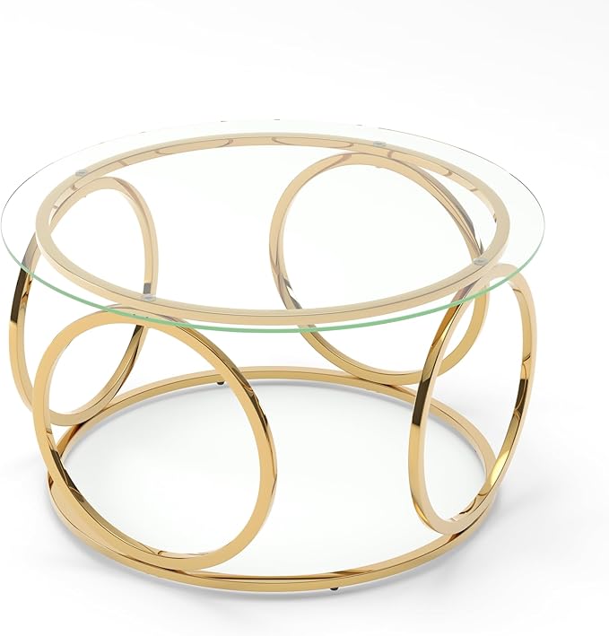 32" Tempered Glass Round Coffee Table Modern Gold Frame Ring Base Single-Layer Circle Living Room Center Tables