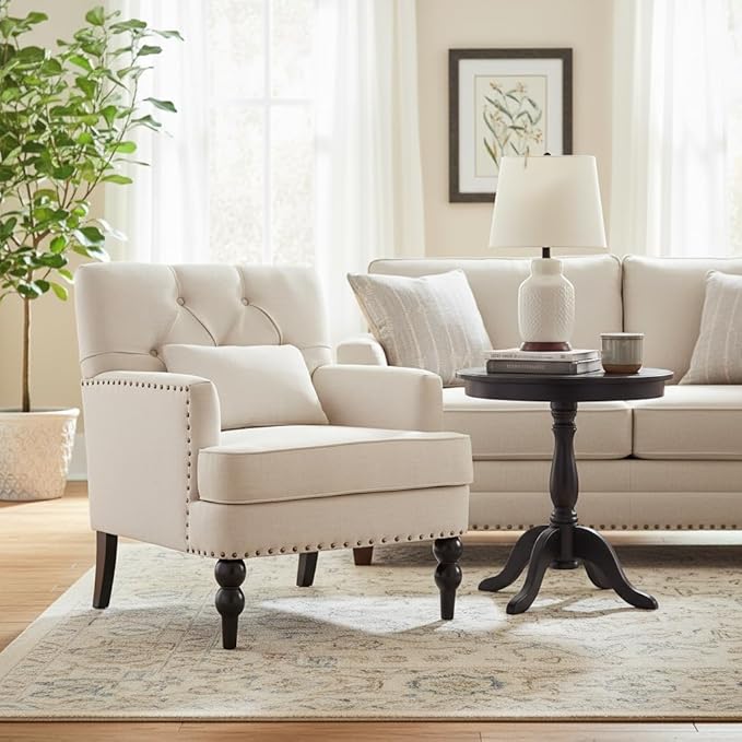 HUIMO Tufted Club Chair,Accent Chair with Lumbar Pillow, Upholstered Button Armchair, Linen Fabric Sofa Chairs for Bedroom, Living Room, Mid Century Modern with Studded Reading Chair Beige