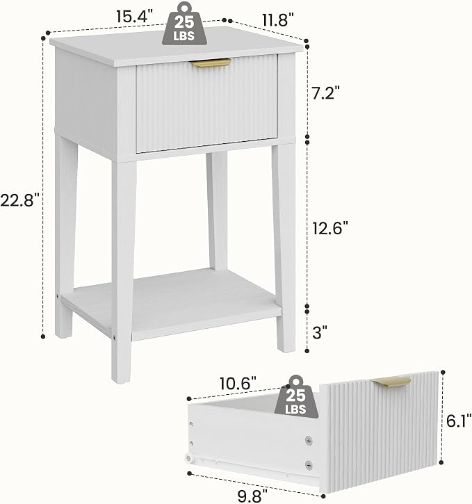 Modern Fluted Small Wood Nightstands Set of 2, 11.8" Deep x 15.4" Narrow Bedside Tables with Drawer & Open Shelf, Farmhouse Chic Side Tables for Bedroom - White - Image 2