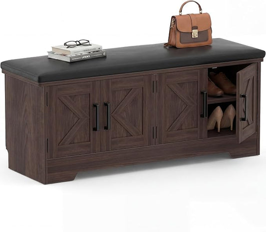 Farmhouse Shoe Storage Bench with Cushion - 43.3" Entryway Bench with Storage & 4 Barn Doors, 2-Tier Wooden Shoe Rack Bench, Shoe Cabinet & Mudroom Bench for Bedroom Hallway Living Room, Black Walnut by Armocity
