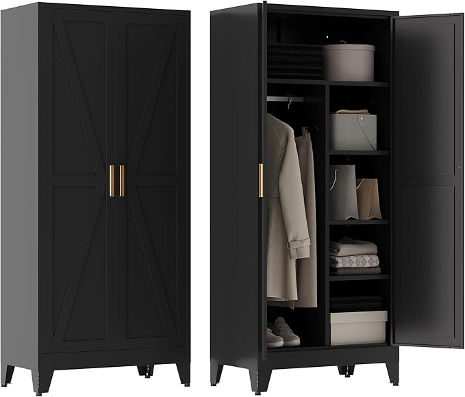 71" Tall Metal Armoire Wardrobe Closet, Clothing Storage Cabinet, Freestanding Wardrobe Cabinet with 4 Adjustable Shelves for Bedroom, Office, Garage