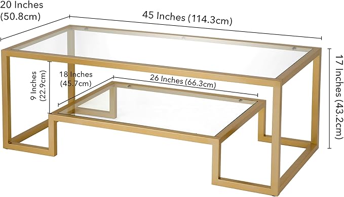 Henn&Hart 45" Rectangular Coffee Table with Glass Top and Raised Lower Shelf for Living Room, Family Room, or Office, Gold