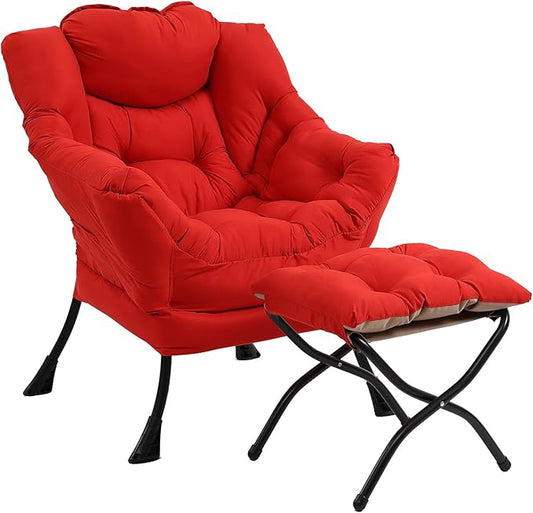 Lazy Chair with Ottoman, Modern Accent Chair Contemporary Sofa Chair with Armrests, Reading Chair and Folding Footstool Set for Living Room, Bedroom, Office, Red