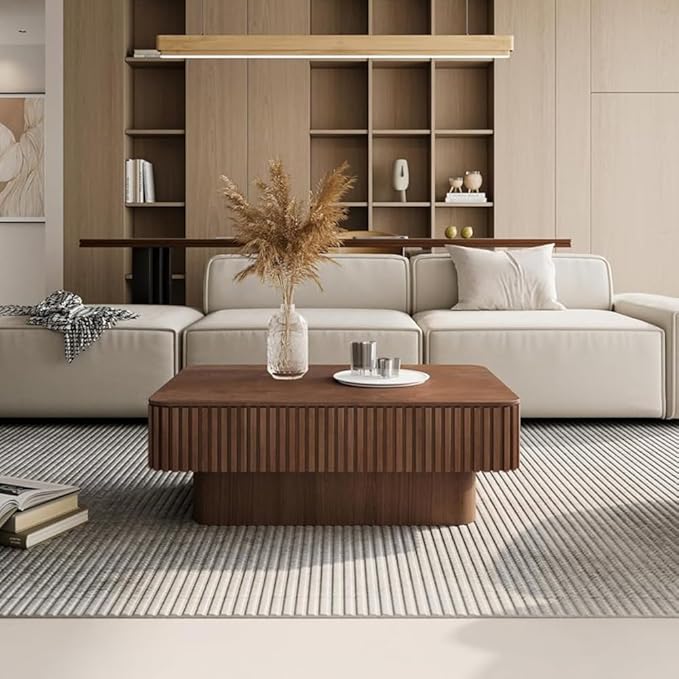 Lift Top Coffee Table with Storage for Living Room Mid Century Modern Coffee Table with Lifting Top Wood Fluted Coffee Tables with Lifts Up Tabletop for Home Apartment Office 38.6",Walnut Rectangle
