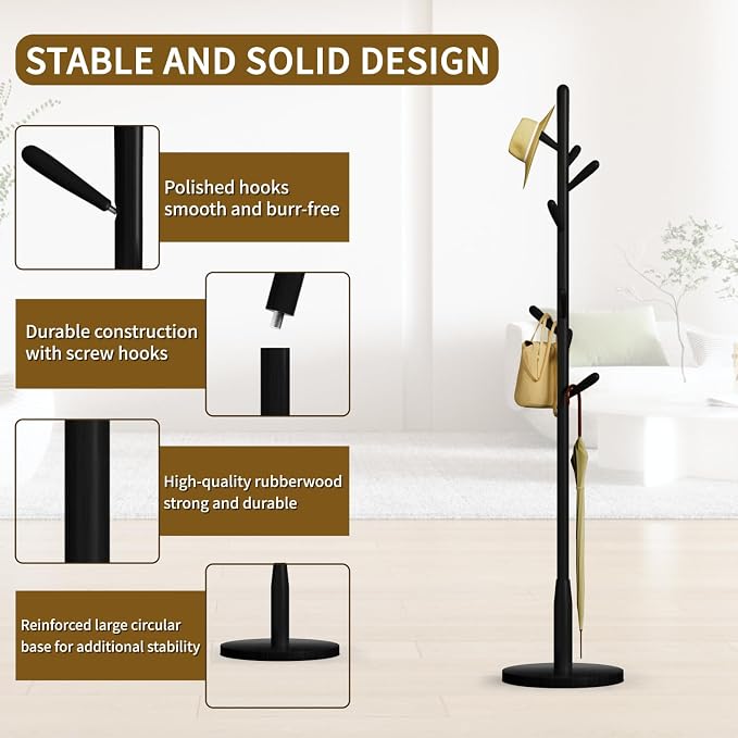Solid Wood Round Base Coat Rack, Free Standing Hall Coat Tree with 8 Hooks（+2 spare for Coats, Hats, Bags, Purses, for Entryway, Hallway, Rubberwood Hooks,Base and Pole(Round Base,Black) - Image 3