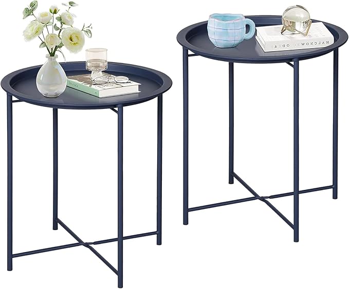 VECELO Side/End Table, Folding Round Metal Anti-Rust and Waterproof Outdoor or Indoor Tray for Living Room Bedroom Balcony and Office, 2 PCS, Blue by VECELO
