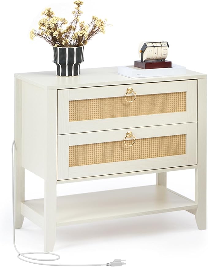 JOMEED White Nightstand with Charging Station, Boho Nightstand Large Rattan Nightstand with Drawers and Open Shelf, Side Table, Bedside Table End Table for Bedroom - Image 8