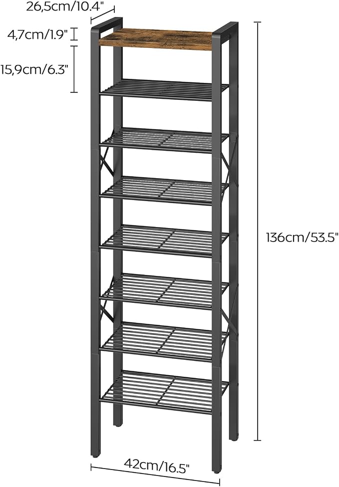 YATINEY 8-Tier Narrow Shoe Rack, Tall Shoe Rack for 8-16 Pairs, Slim Shoe Storage Organizer with Wooden Top, Space Saving, Metal Frame, for Entryway, Rustic Brown and Black SS608BR - Image 3