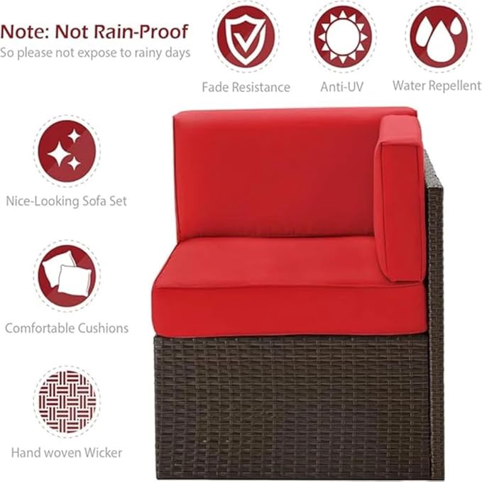 U-MAX 7 Piece Outdoor Patio Furniture Set with Extra 43 Inch Fire Pit Table, PE Rattan Wicker Sofa Set, Outdoor Sectional Furniture Chair Set with Cushions and Tea Table, Brown Rattan&Red Cushion