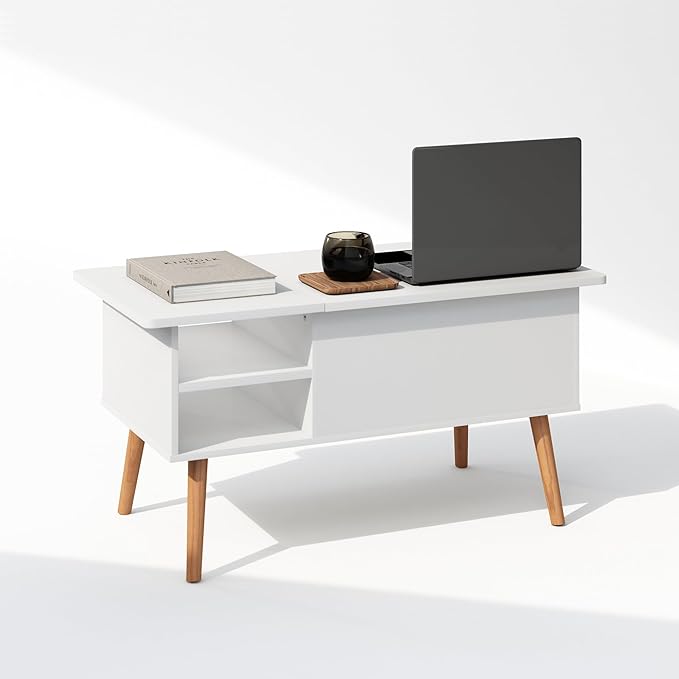 Furinno Jensen Wooden Leg Lift Top Coffee Table with Hidden Compartment and Side Open Storage Shelf for Living Room, Solid White