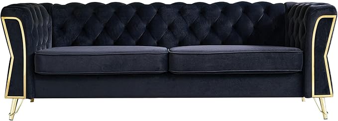 KEIKI 87" Chesterfield Velvet Button Tufted Sofa with High Density Foam Cushions, Modern 3-Seater Couch with Gold Strip Trim Decoration, Easy Assembly, for Apartment, Living Room, Office, Black