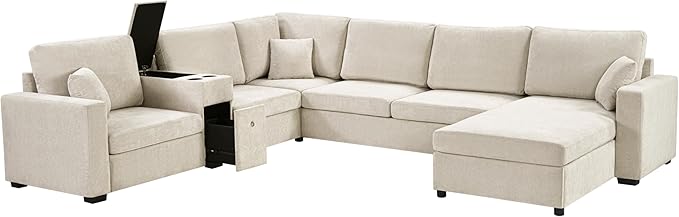 Merax Modern 134" U-Shaped Modular Sectional Sofa Couch with Cup Holders & Storage Drawers, Chenille 5-Seat Large Sectional Family Sofa with Chaise Lounge & Pillows for Living Room, Beige
