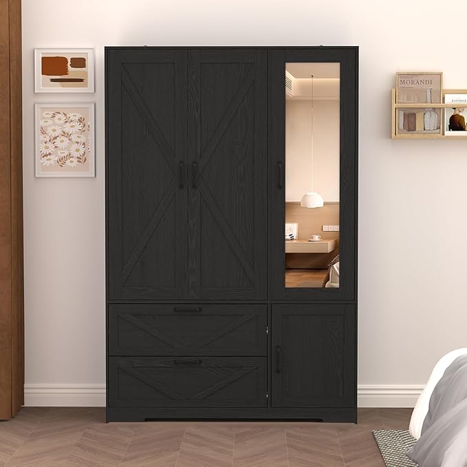 3 Doors Armoire Wardrobe Closet with Mirror Door and LED Lights,Bedroom Armoire with Drawers,Large Capacity Freestanding Armoire with Hanging Rod,Adjustable Shelves and Hooks(Black)