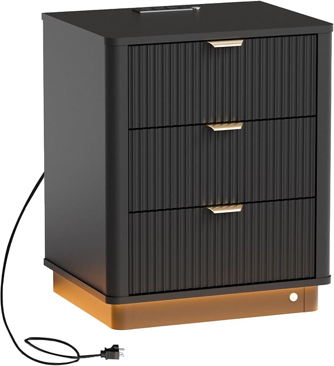 Led Fluted Nightstand, Smart Curved Night Stand with Charging Station Lighting, Wood End Table with 3 Drawers, Modern Side Table Storage Cabinet for Bedroom Office,(1, Black) - Image 8