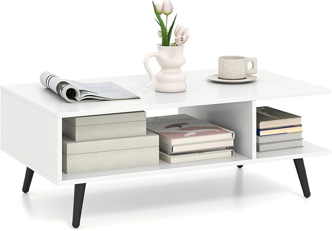Giantex Coffee Table with Storage, Mid Century Modern Center Table for Living Room, Rectangle Tea Table with Open Storage Shelf & Floor-Anti-Scratching Tapered Metal Legs, Rustic Brown (White)