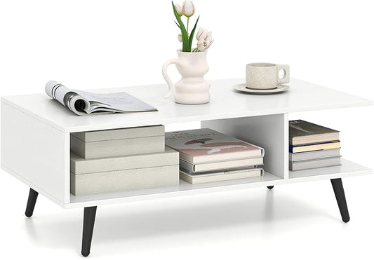 Giantex Coffee Table with Storage, Mid Century Modern Center Table for Living Room, Rectangle Tea Table with Open Storage Shelf & Floor-Anti-Scratching Tapered Metal Legs, Rustic Brown (White)