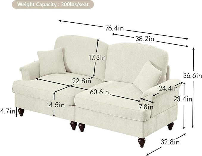 Oversized Large Two Seater Sofa, Comfy Chenille Love Seat Couch with Removable Ruffles Pleats & Large Petal-Shaped Armrests, Elegant Mid Century Convertible Sofa with Spindle Legs, Beige White