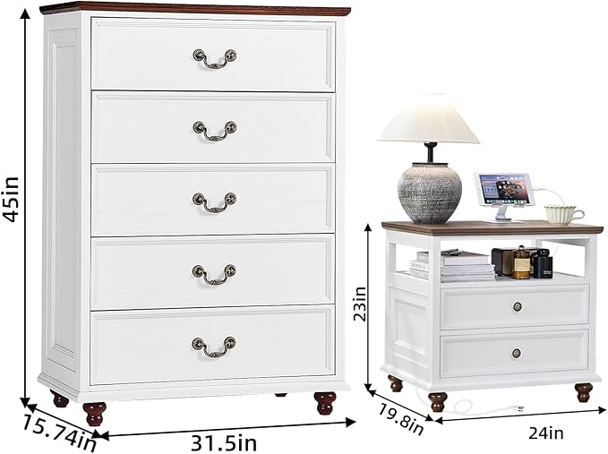 Joaxswe 24" Wide Farmhouse Nightstand with Charging Station Set of 2, 45" Tall Rustic Chests of 5 Drawers w/ 4 Solid Wood Feet, Farmhouse Furniture Series for Living Room,Bedroom,White