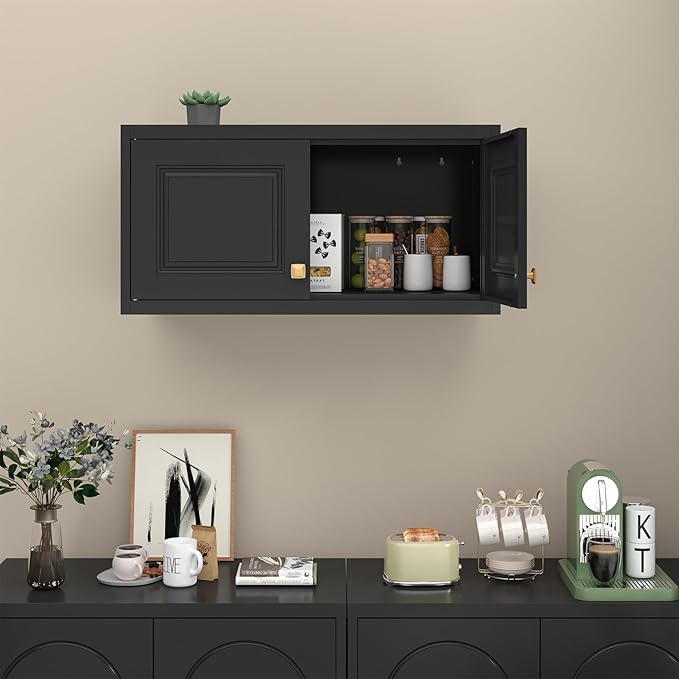 SteeLoong 15" Wall Storage Cabinet,Black Bathroom Wall Mounted Cabinet,Metal Armoire Wardrobe Closet Storage Cabinets for Basement,Livingroom Home Office