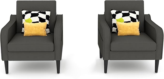 Ribilake Grey Accent Chair Set of 2 - Upholstered Armchair with Side Pockets, Comfy Living Room Arm Chair, Reading Accent Chairs for Bedroom, Living Room, Apartment, Office