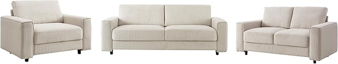 AC Pacific Derek 3 Piece Modern Corduroy Couches for Living Room, Tufted Sofas with Plush Upholstery, High-Density Foam, Sleek Black Legs, Durable Wooden Frame, Sofa, Loveseat and Chair Set, Beige