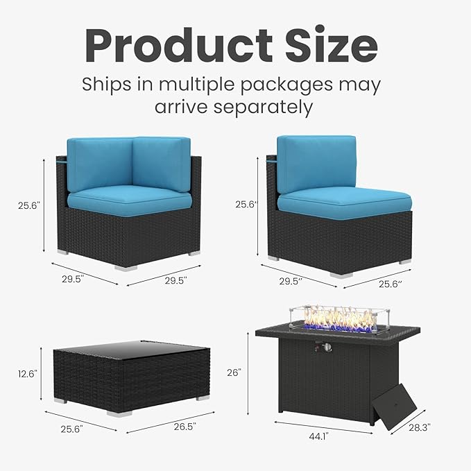 15 Pieces Patio Furniture Set with 44" Propane Gas Fire Pit Table, Outdoor Sectional Wicker Conversation Sofa Sets with Coffee Table
