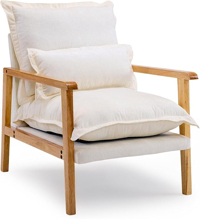 VINGLI Mid-Century Modern Cloud Accent Armchair with Lumbar Pillow, 6.3'' Thick Seat Cushion Comfortable Reading Chair with Wooden Armrests，Boho Lounge Chair for Bedroom, Living Room, Chenille, Beige