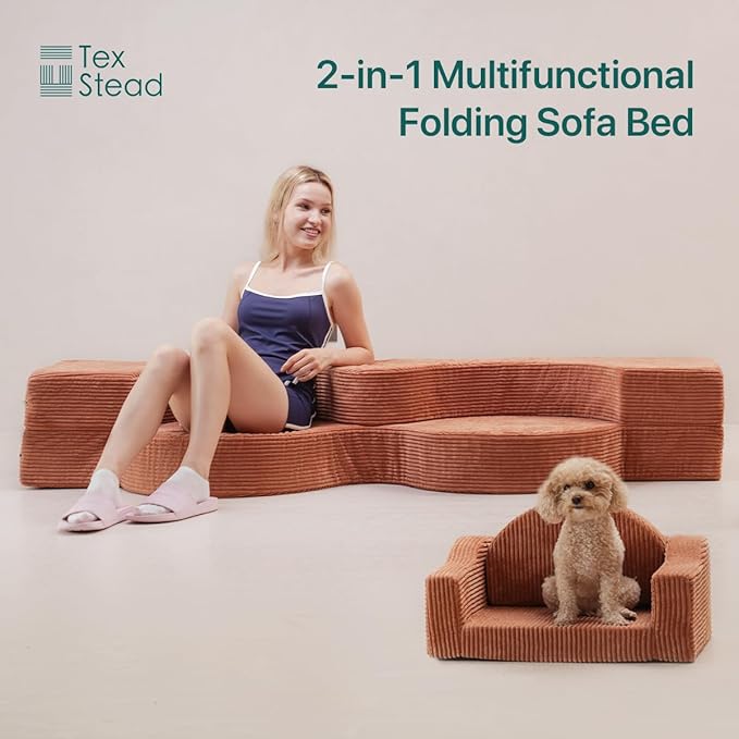 75" Folding Sofa Bed Convertible Futon, Twin Size Sleeper Couch, Washable Velvet Corduroy Cover & High-Density Foam, 2-in-1 Floor Mattress, No Assembly for Living Room/Dorm Orange